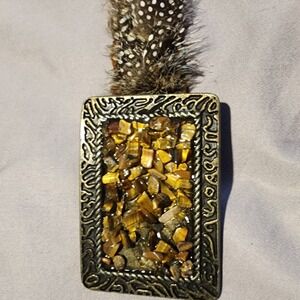 Feather Belt Buckle with Tiger Eye Stones Braided Leather Belt L